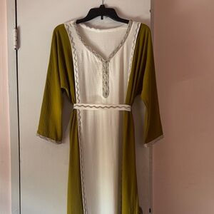 Olive Green and White Long Sleeve Dress